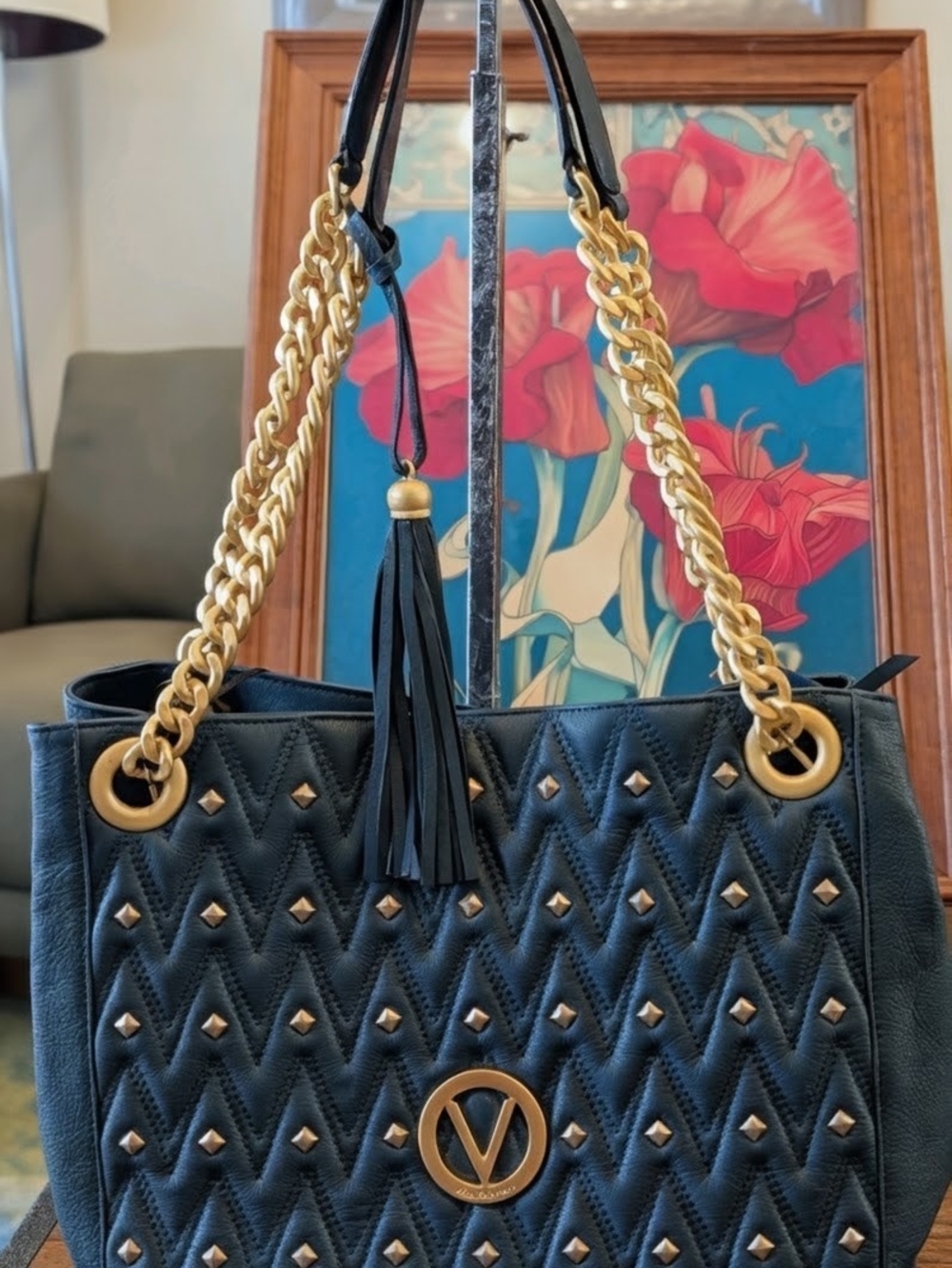 NWT Valentino Mario Valentino Luisa Studs Teal Petrol Blue Leather Tote Bag